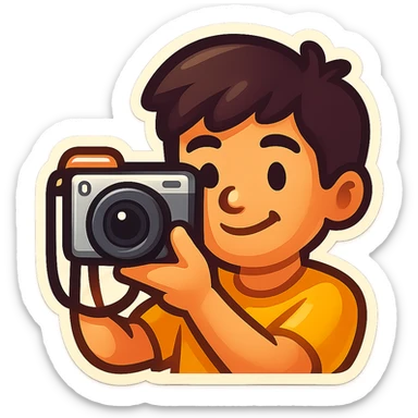 Turn this photo of a person holding a camera into a simplified, expressive emoji with a friendly, cartoon-like style focusing on the camera. Use a transparent background. sticker