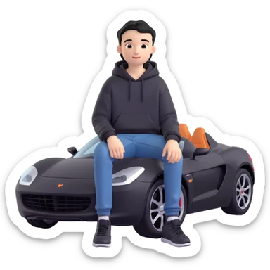 realistic emoji-style illustration of a sleek black sports car viewed from a slight angle, with a 14-year-old boy with short black hair wearing a hoodie and jeans sitting confidently on the car’s roof in a relaxed pose, looking forward with a slight smile sticker