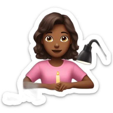 a girl with dark brown hair lights pink candles and studies at her desk sticker