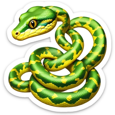 cinematic-green tree python-realistic-full-body-coiled-emoji,-thick-scaled-body-looped-tightly,-intricate-yellow and white-patterned-scales-reflecting-light,-head-tilted-dramatically,-cute-eyes-staring-calmly,-simplified-yet-realistic-focused-feature sticker