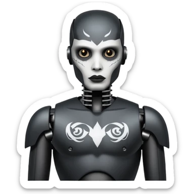 black metal Tatooed robot, big many tatooes on chest, neck and face, white tatoo on face sticker