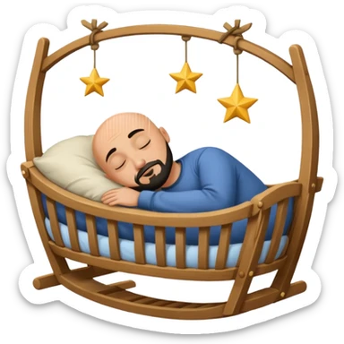 a bald, tan man who has a black goatee sleeping in a cradle sticker