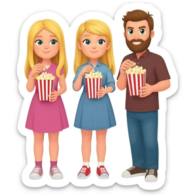 2 girls blonde girls and a guy with a beard standing eating popcorn sticker