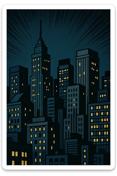 a city skyline at night, old school comic book style sticker