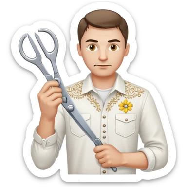 A Ukrainian man in a white embroidered shirt holds a spanner in one hand and scissors in the other sticker