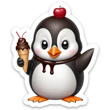 A penguin in an ice cream shop sitting at a table eating chocolate ice cream sticker
