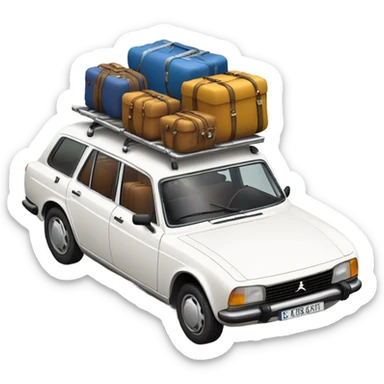 a white peugeot 504 break with few luggage on the roof sticker