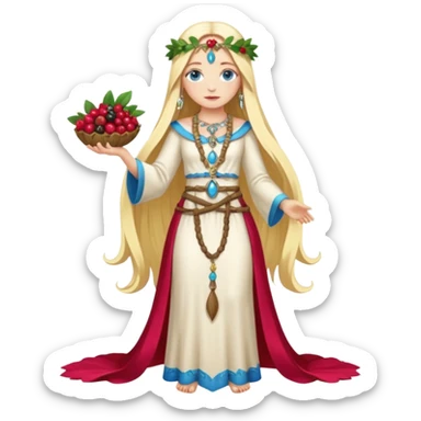 full body woman long blonde hair blue eyes white skin fruit priestess with berry belt and leaf jewelry sticker