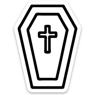a simple, bold, iconic coffin in black and red, graphic style sticker