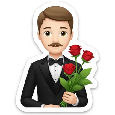 generate an ios genmoji of a 20 year old fair boy with very few mustache hair, carrying a flower bouquet, wearing a tux sticker