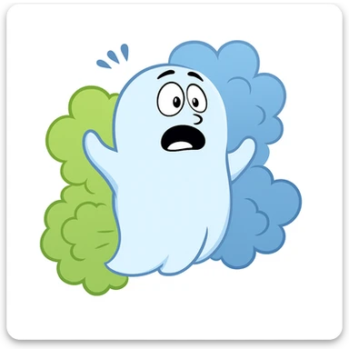 Add visible blue and green fart gas clouds behind the blue and white ghost boy. sticker