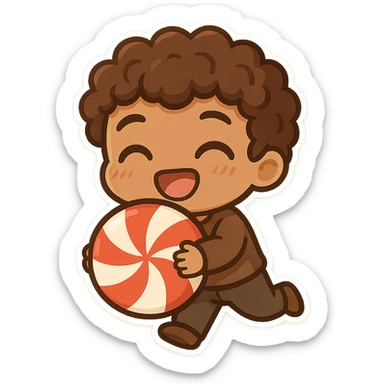 peppermint candy held by brown male chibi, curly hair, happy and expressive sticker
