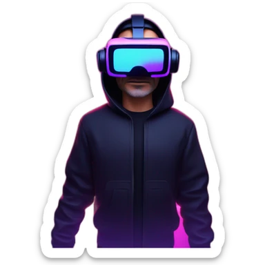 Steve Jobs wearing a black hoodie with "OMG" letters on it and VR headset in a cyberpunk VR environment with violet neon lighting. sticker