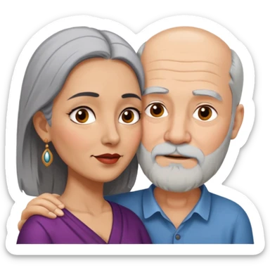I want an old man with balding and grey beard grey hairs and a woman in her 40s with black hair parted in indian woman stylein a passionate embrace sticker