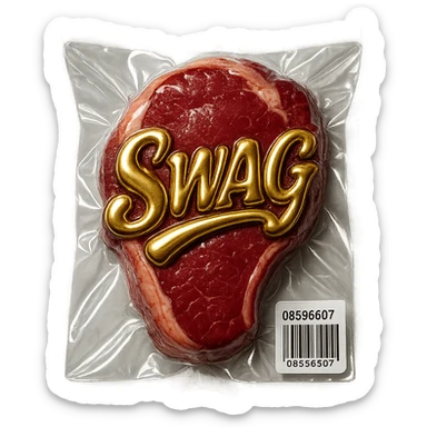 steak with gold cursive 'SWAG' lettering, shiny and inflated sticker