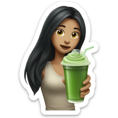 girl with long black hair and an iced matcha sticker