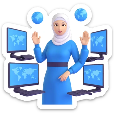 woman with white hijab in blue outfit working with multiple screens displaying digital world, virtual reality interfaces, metaverse elements, code visualization sticker