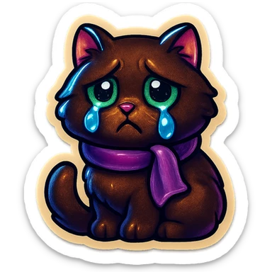 Fluffy sad crying cute dark-brown cat with green eyes and a purple scarf  sticker