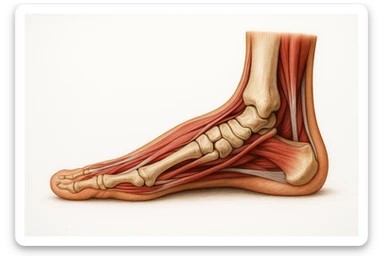 PIEDE UMANO ANATOMICO CON PIANTA PIATTA, VISTO DI PROFILO, CON FASCI MUSCOLARI E OSSA VISIBILI, REALISTICO 4K SFONDO BIANCO sticker