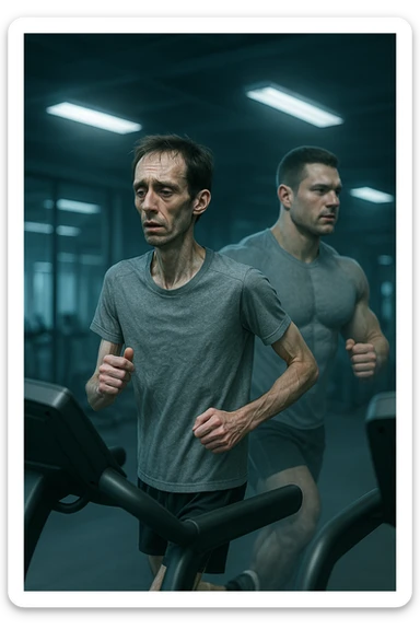 Uomo magro e affaticato che corre su tapis roulant in una palestra. I muscoli delle braccia e delle gambe appaiono ridotti e svuotati, come se stesse perdendo massa muscolare. Espressione stanca sul volto, con accanto una figura trasparente di sé stesso più muscolosa a confronto. Luci fredde e atmosfera di sovrallenamento. in italiano sticker