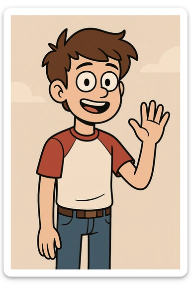 A boy brown hair black eyes red white shirt blue jeans a hand hello  sticker