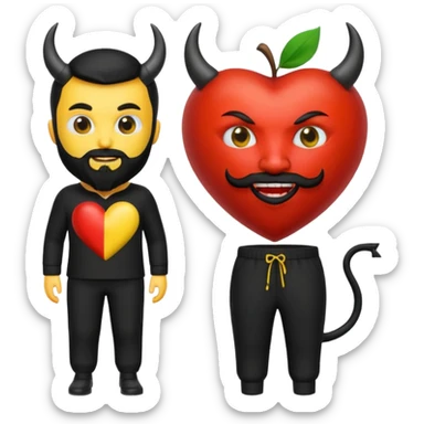 3D yellow heart emoji, devil face, full black beard, black horns and tail. Top: Italian flag. Bottom: Cornish flag trousers. Apple style, glossy, white background. sticker