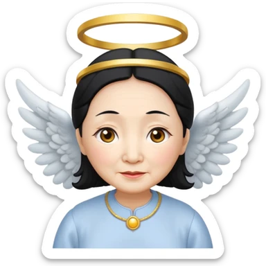 Angel Old Lady with wings black hair asian  smaller eyes w halo sticker