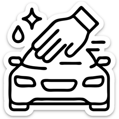 outlined icon of a gloved hand wearing a black glove on the hood of a luxury car, drops or sparkles, black as main color, white or silver accents, soft motion lines for cleaning, minimal and modern sticker