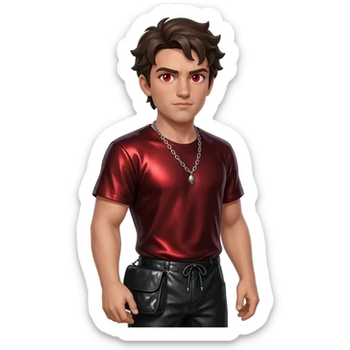 Ares from Greek Mythology with red eyes, dark brown hair, dark red metallic shirt, black metallic baggy pants, silver necklace sticker