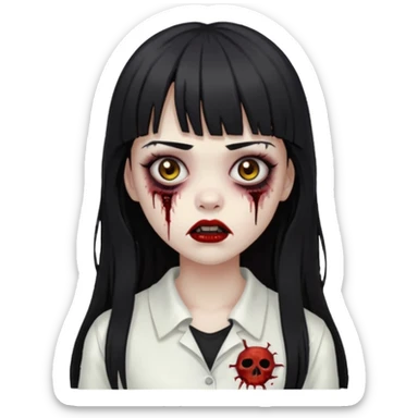 Make a girl with bangs with very dark black and long hair, light brown eyes and white clothes in the form of a zombie sticker