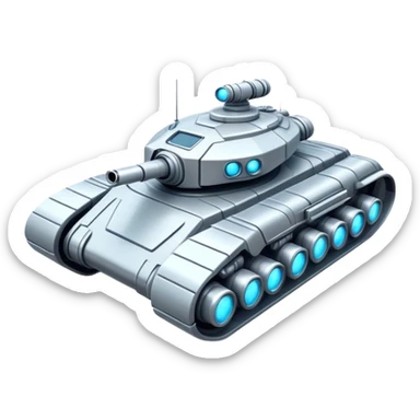 Clash of Clans aesthetic: Cinematic Playful Space Tank Emoji, rendered in a 3D vector-style similar to standard emojis with minimal shading and bold, simplified shapes. A robust, isometric armored vehicle with sleek futuristic plating and energy cannons, softly glowing with a high-tech cosmic combat charm. Simplified yet unmistakably iconic, highly detailed and consistent, glowing with a soft radiant shine and high gloss. Stylized with a touch of intergalactic warfare and a soft glowing outline, capturing the essence of a futuristic battle machine with a friendly, playful spirit! sticker