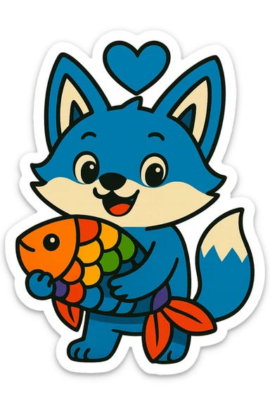 Change the heart above the blue fox and rainbow fish to a blue heart, keeping the vibrant toon style, with no background. sticker
