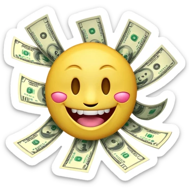 3D glossy emoji sticker, dollar-sign eyes, huge toothy grin, mouth stuffed with US dollar bills spilling out, floating banknotes, centered, solid chroma green background sticker