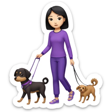 black hair Chinese woman wearing purple top and black pants walking 1 small brown dog sticker