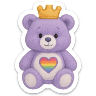 Add a soft and plush crown to the purple and white teddy bear with a heart-shaped rainbow patch. Keep the lighting flat with no shadows and no background. Maintain the plush texture and softness of the teddy bear in a style that respects the original look. sticker