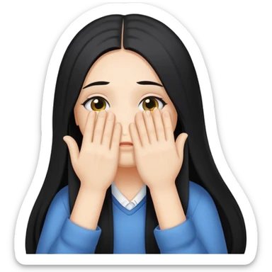 A girl with long black hair getting ready for school with her hair covering her face sticker