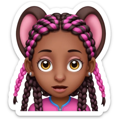 arikan, dark long hair whit pink and black braids. brown skin, smal face and a super big nose and super big ears. big eyes. big mouth sticker