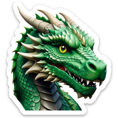 Cinematic Noble Giant Green scaled Dragon Portrait Emoji, Poised and awe-inspiring, with a massive, rugged form carved from ancient stone, featuring intricately textured scales that resemble weathered granite and basalt, and piercing, stony eyes echoing the strength of timeless mountains; rendered with lifelike detail and earthy natural highlights, high shine, formidable and grounded, styled with an aura of primordial majesty, focused and resolute, soft glowing outline, capturing the essence of an enduring rock titan ready to surge from the screen with ageless power! sticker