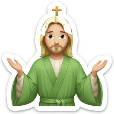 Jesus, green eyes, blonde hair, light green church robe. opening arms, gazing thoughtfully. Soft light, subtle fern. Waist-up, profile. sticker