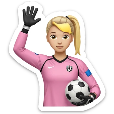 Make a dirty blonde football goalkeeper with goalkeeper gloves on. light skinned and wearing a light pink football kit. Wearing one ponytail on back of head. Make it without the whole body. With full sleeves. No RUGBY BALL JUST BLACK AND WHITE BALL. Holding ball under armpit. Other hand hanging down sticker
