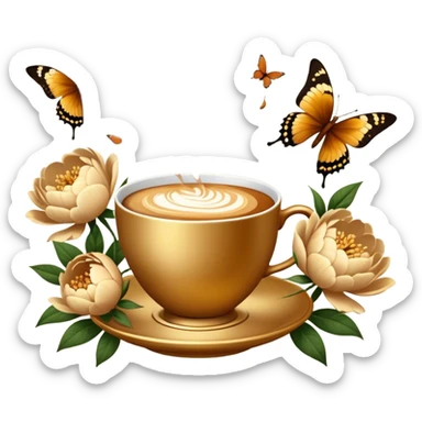 A golden coffee cup rests among lush beige peonies, as cinnamon-hued butterflies dance in the air. The setting glows with a nostalgic, antique charm. sticker