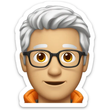 young gray-haired white man with an orange down jacket sticker