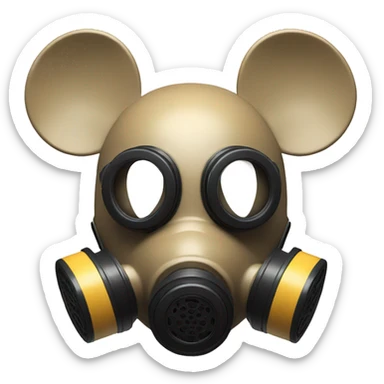 Mickey Mouse themed gas mask,black round Mickey ears on it, has a tan snout sticker