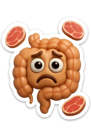 emoji stile iphone in 3d di un intestino triste con fette di carne che gli fluttuano intorno, gli occhi falli con la parte bianca pure, iperrealistico 4k sticker