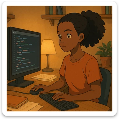 ghibli style black woman coding at a desk with warm lighting sticker