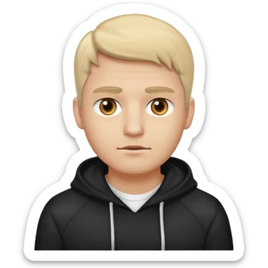 Crea un hombre alto, blanco, rubio, con ojos café claro, con músculos, camisa blanca con una sudadera negra, alto y guapo sticker