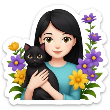 A black-haired girl happily holds a black cat in the flowers sticker
