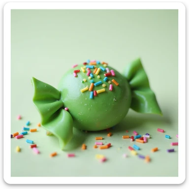 realistic green candy with rainbow sprinkles, photorealistic style sticker