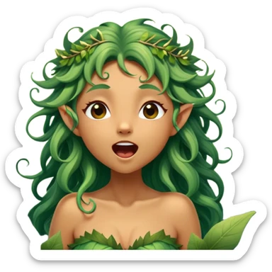 Cinematic Realistic Forest Nymph Fairy Portrait, head tilted slightly with a dramatic, wide-open yawn, revealing a tender, relaxed visage with finely detailed tanned skin and flowing, vine-adorned hair gently framing her face. Her sleepy eyes exude a serene, dreamlike quality as soft natural sunlight filters through the canopy, capturing the essence of a drowsy yet captivating forest nymph drifting into peaceful slumber. sticker