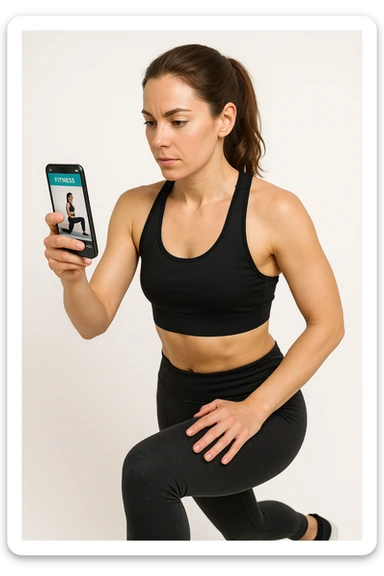 donna su sfondo isolato che fa workout tramite app fitness. in italiano sticker